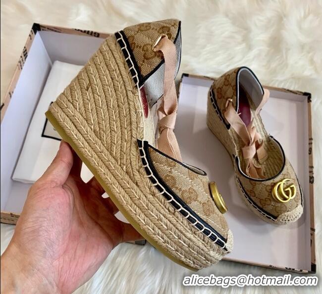 Discount Gucci GG Canvas Lace-up Platform Espadrilles 621240 Beige/Black 2020