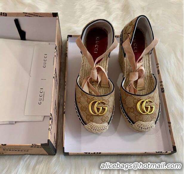 Discount Gucci GG Canvas Lace-up Platform Espadrilles 621240 Beige/Black 2020