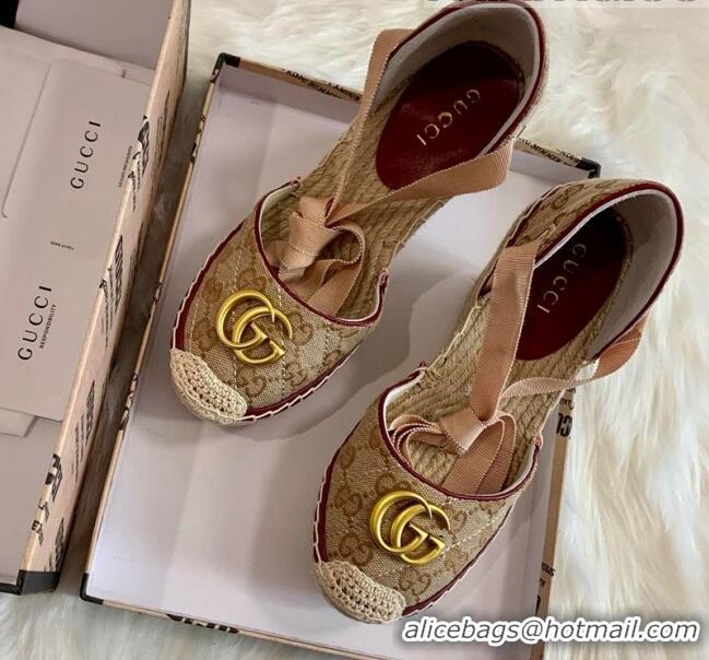 Spot Imitation Gucci GG Canvas Lace-up Platform Espadrilles 621240 Beige/Nude 2020