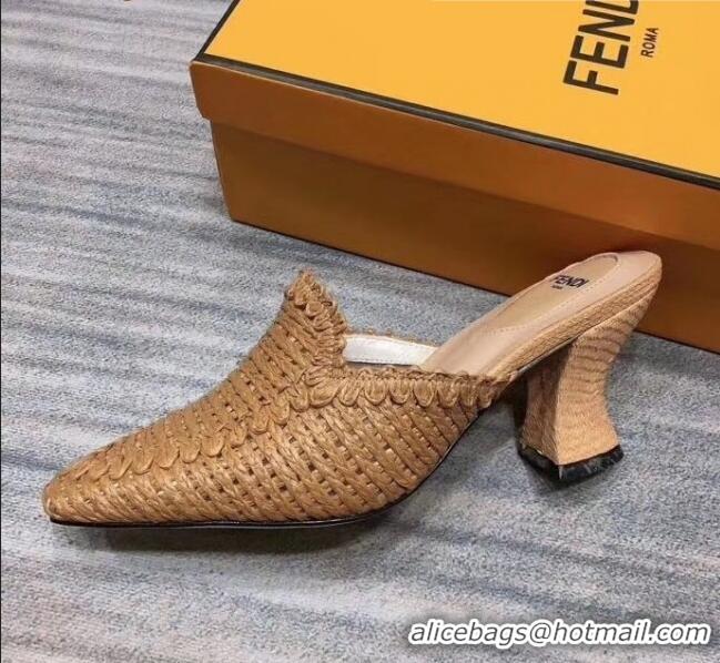 Popular Style Fendi Woven High Heel Mules Sandals F33104 Brown 2020