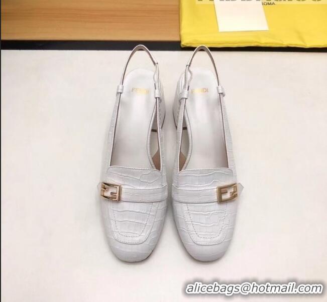 Low Cost Fendi Crocodile Pattern Calfskin Promenade Slingbacks Loafers With 6cm Heel F42310 White 2020