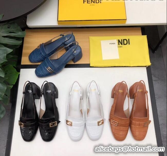 Low Cost Fendi Crocodile Pattern Calfskin Promenade Slingbacks Loafers With 6cm Heel F42310 White 2020