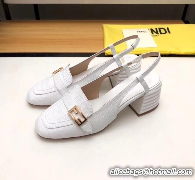 Low Cost Fendi Crocodile Pattern Calfskin Promenade Slingbacks Loafers With 6cm Heel F42310 White 2020