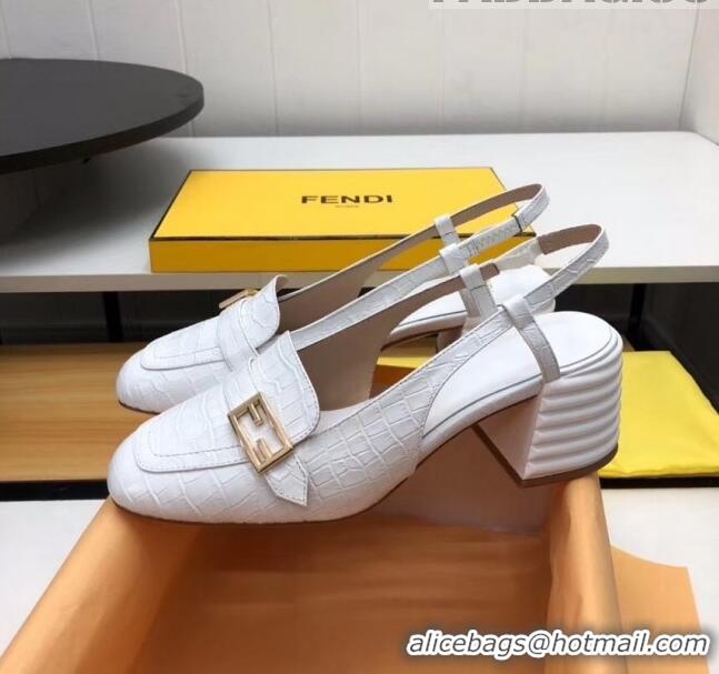 Low Cost Fendi Crocodile Pattern Calfskin Promenade Slingbacks Loafers With 6cm Heel F42310 White 2020