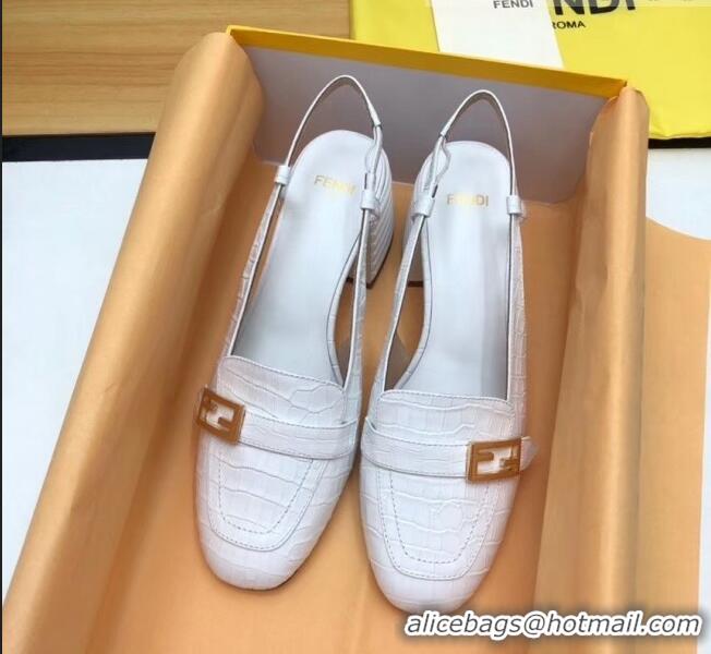 Low Cost Fendi Crocodile Pattern Calfskin Promenade Slingbacks Loafers With 6cm Heel F42310 White 2020