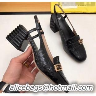 Top Grade Fendi Crocodile Pattern Calfskin Promenade Slingbacks Loafers With 6cm Heel F42310 Black 2020