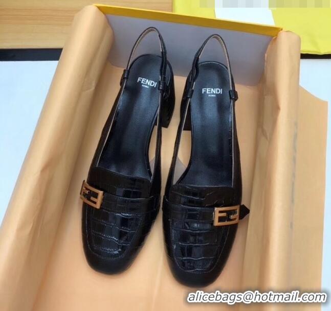 Top Grade Fendi Crocodile Pattern Calfskin Promenade Slingbacks Loafers With 6cm Heel F42310 Black 2020