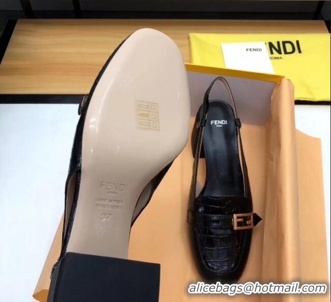 Top Grade Fendi Crocodile Pattern Calfskin Promenade Slingbacks Loafers With 6cm Heel F42310 Black 2020