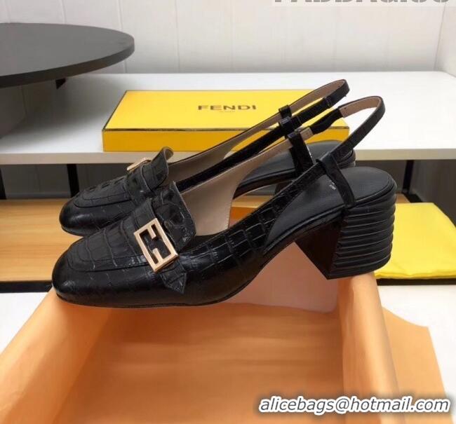 Top Grade Fendi Crocodile Pattern Calfskin Promenade Slingbacks Loafers With 6cm Heel F42310 Black 2020