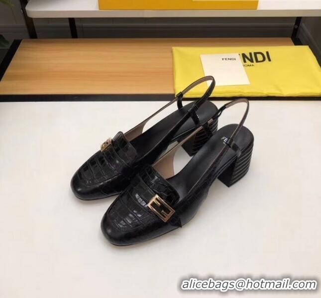 Top Grade Fendi Crocodile Pattern Calfskin Promenade Slingbacks Loafers With 6cm Heel F42310 Black 2020