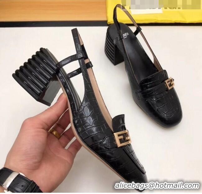 Top Grade Fendi Crocodile Pattern Calfskin Promenade Slingbacks Loafers With 6cm Heel F42310 Black 2020