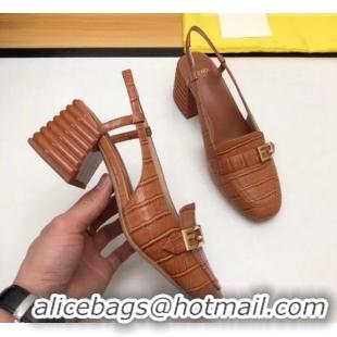 Discount Fendi Crocodile Pattern Calfskin Promenade Slingbacks Loafers With 6cm Heel F42310 Brown 2020