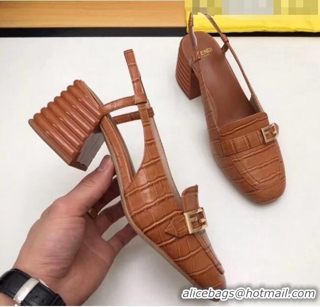 Discount Fendi Crocodile Pattern Calfskin Promenade Slingbacks Loafers With 6cm Heel F42310 Brown 2020