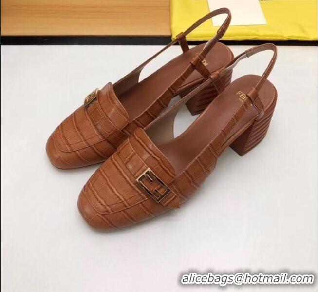 Discount Fendi Crocodile Pattern Calfskin Promenade Slingbacks Loafers With 6cm Heel F42310 Brown 2020