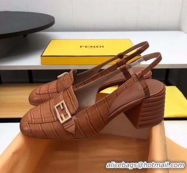 Discount Fendi Crocodile Pattern Calfskin Promenade Slingbacks Loafers With 6cm Heel F42310 Brown 2020