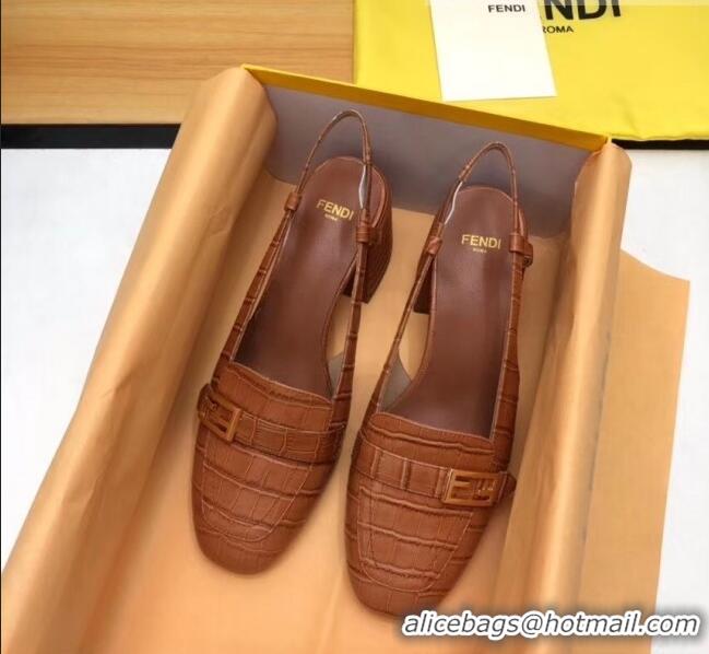 Discount Fendi Crocodile Pattern Calfskin Promenade Slingbacks Loafers With 6cm Heel F42310 Brown 2020