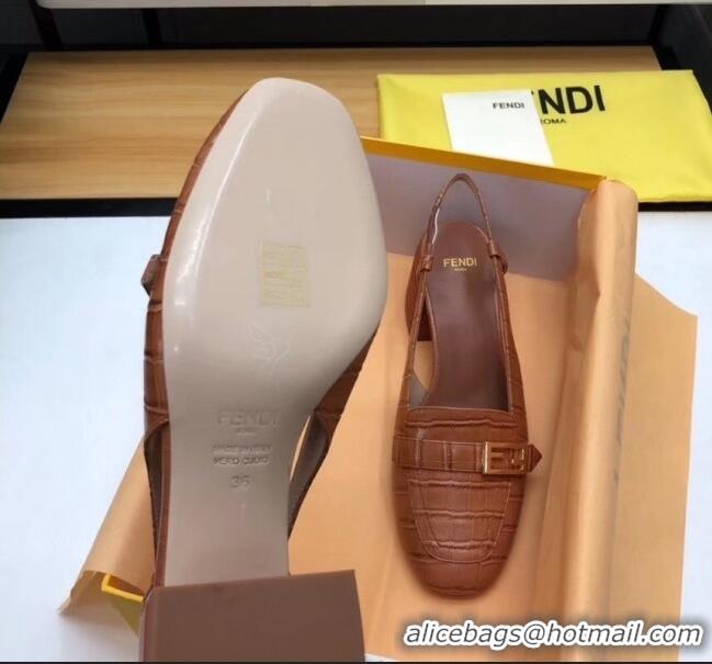 Discount Fendi Crocodile Pattern Calfskin Promenade Slingbacks Loafers With 6cm Heel F42310 Brown 2020