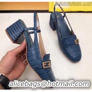 Well Crafted Fendi Crocodile Pattern Calfskin Promenade Slingbacks Loafers With 6cm Heel F42310 Blue 2020