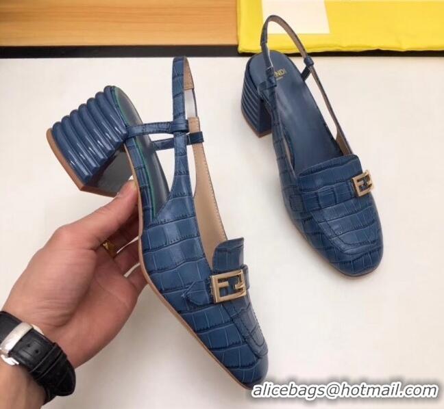 Well Crafted Fendi Crocodile Pattern Calfskin Promenade Slingbacks Loafers With 6cm Heel F42310 Blue 2020