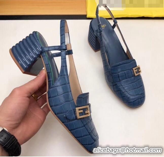 Well Crafted Fendi Crocodile Pattern Calfskin Promenade Slingbacks Loafers With 6cm Heel F42310 Blue 2020