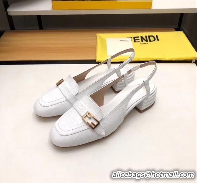 Popular Fendi Crocodile Pattern Calfskin Promenade Slingbacks Loafers With 4cm Heel F42314 White 2020