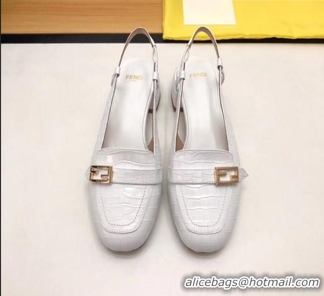 Popular Fendi Crocodile Pattern Calfskin Promenade Slingbacks Loafers With 4cm Heel F42314 White 2020