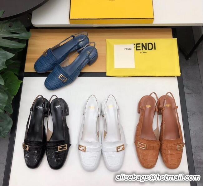 Popular Fendi Crocodile Pattern Calfskin Promenade Slingbacks Loafers With 4cm Heel F42314 White 2020