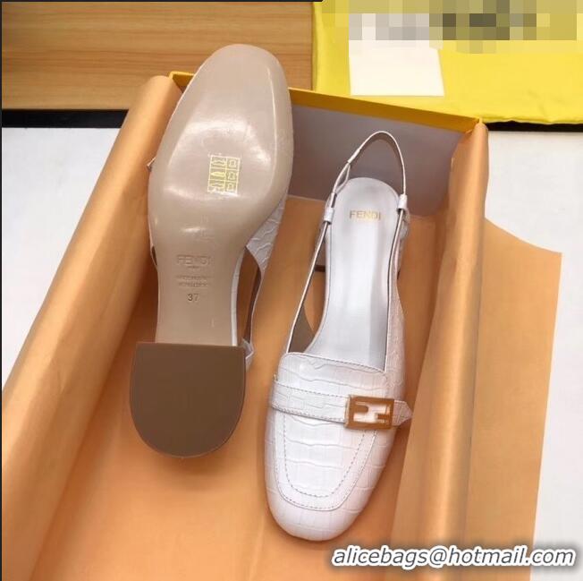 Popular Fendi Crocodile Pattern Calfskin Promenade Slingbacks Loafers With 4cm Heel F42314 White 2020