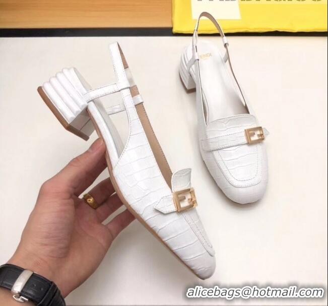 Popular Fendi Crocodile Pattern Calfskin Promenade Slingbacks Loafers With 4cm Heel F42314 White 2020