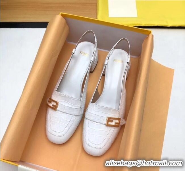 Popular Fendi Crocodile Pattern Calfskin Promenade Slingbacks Loafers With 4cm Heel F42314 White 2020