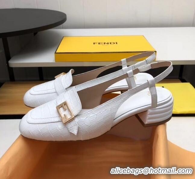 Popular Fendi Crocodile Pattern Calfskin Promenade Slingbacks Loafers With 4cm Heel F42314 White 2020