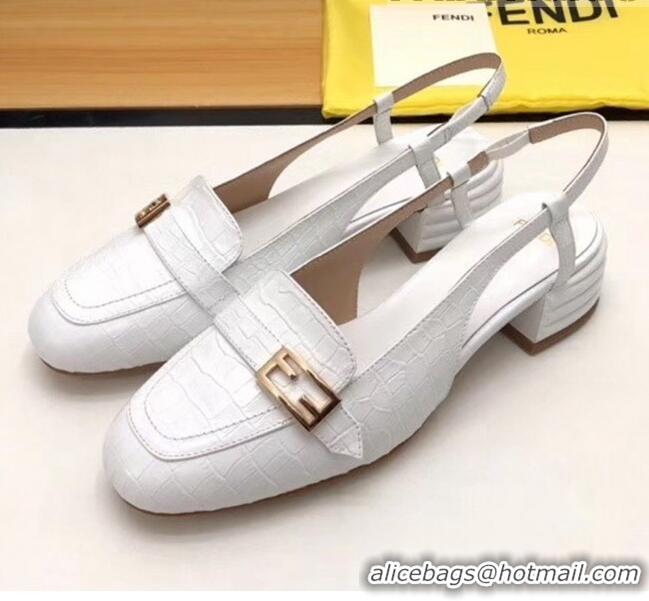 Popular Fendi Crocodile Pattern Calfskin Promenade Slingbacks Loafers With 4cm Heel F42314 White 2020