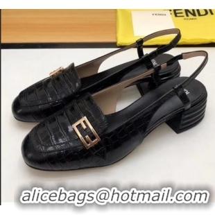 Imitation Fendi Crocodile Pattern Calfskin Promenade Slingbacks Loafers With 4cm Heel F42314 Black 2020