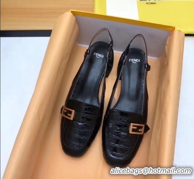 Imitation Fendi Crocodile Pattern Calfskin Promenade Slingbacks Loafers With 4cm Heel F42314 Black 2020