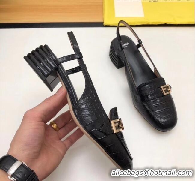 Imitation Fendi Crocodile Pattern Calfskin Promenade Slingbacks Loafers With 4cm Heel F42314 Black 2020