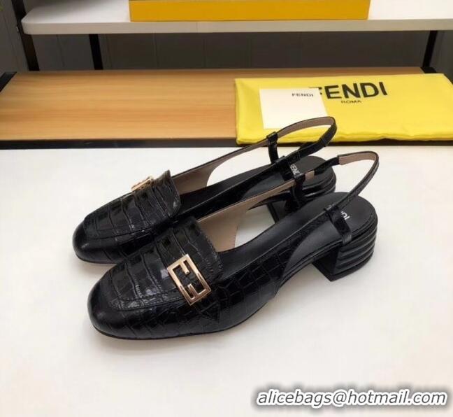 Imitation Fendi Crocodile Pattern Calfskin Promenade Slingbacks Loafers With 4cm Heel F42314 Black 2020