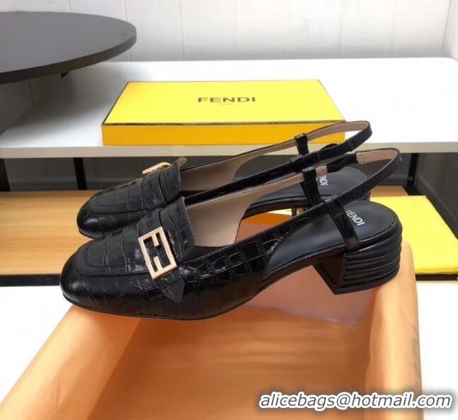 Imitation Fendi Crocodile Pattern Calfskin Promenade Slingbacks Loafers With 4cm Heel F42314 Black 2020