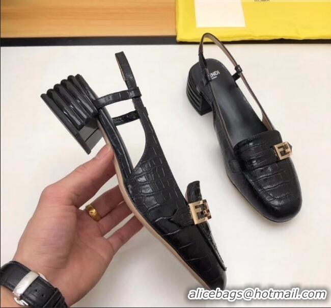 Imitation Fendi Crocodile Pattern Calfskin Promenade Slingbacks Loafers With 4cm Heel F42314 Black 2020