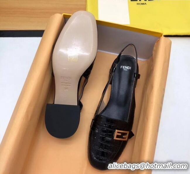 Imitation Fendi Crocodile Pattern Calfskin Promenade Slingbacks Loafers With 4cm Heel F42314 Black 2020