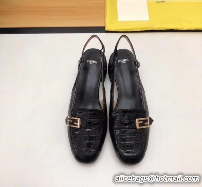 Imitation Fendi Crocodile Pattern Calfskin Promenade Slingbacks Loafers With 4cm Heel F42314 Black 2020