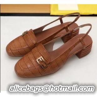 Market Sells Fendi Crocodile Pattern Calfskin Promenade Slingbacks Loafers With 4cm Heel F42314 Brown 2020