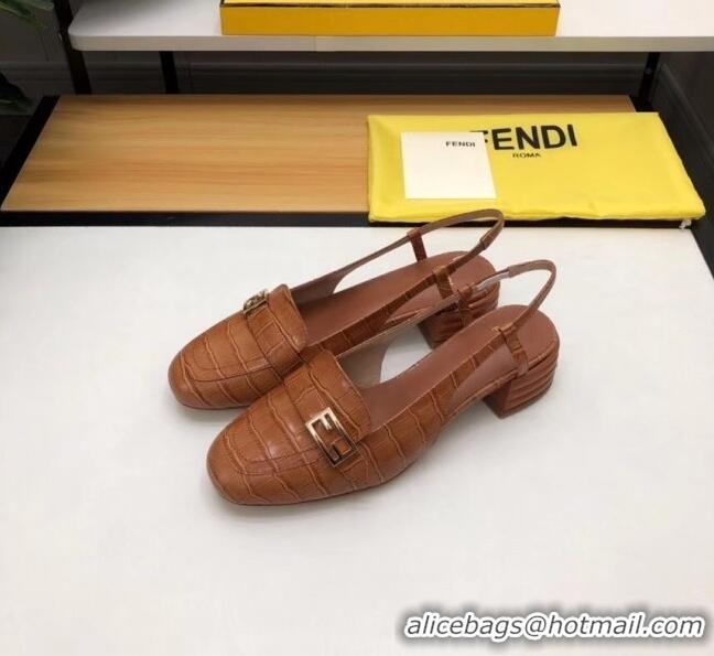 Market Sells Fendi Crocodile Pattern Calfskin Promenade Slingbacks Loafers With 4cm Heel F42314 Brown 2020