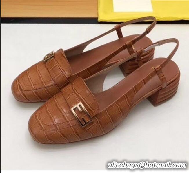 Market Sells Fendi Crocodile Pattern Calfskin Promenade Slingbacks Loafers With 4cm Heel F42314 Brown 2020