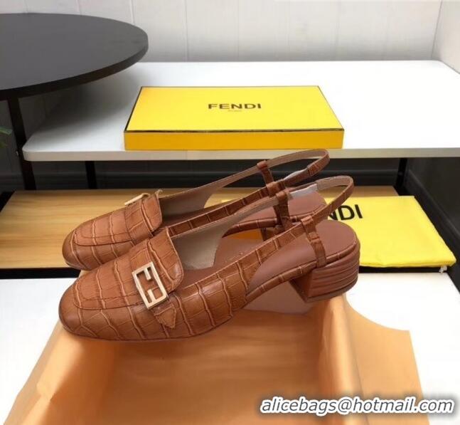 Market Sells Fendi Crocodile Pattern Calfskin Promenade Slingbacks Loafers With 4cm Heel F42314 Brown 2020