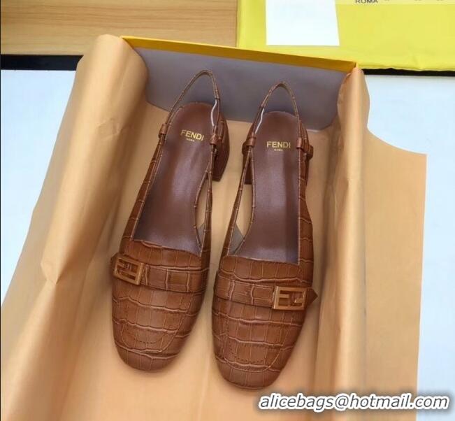 Market Sells Fendi Crocodile Pattern Calfskin Promenade Slingbacks Loafers With 4cm Heel F42314 Brown 2020