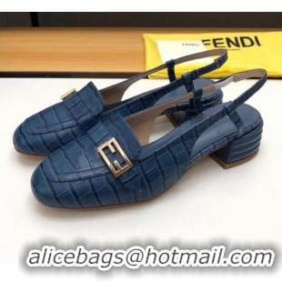 Best Price Fendi Crocodile Pattern Calfskin Promenade Slingbacks Loafers With 4cm Heel F42314 Blue 2020