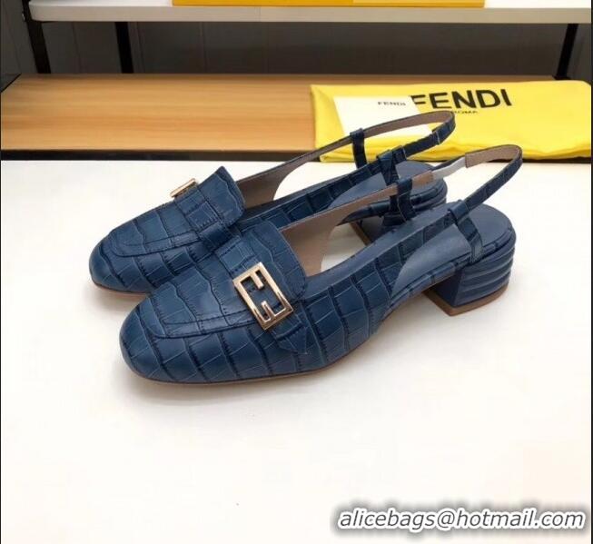 Best Price Fendi Crocodile Pattern Calfskin Promenade Slingbacks Loafers With 4cm Heel F42314 Blue 2020