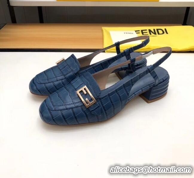 Best Price Fendi Crocodile Pattern Calfskin Promenade Slingbacks Loafers With 4cm Heel F42314 Blue 2020