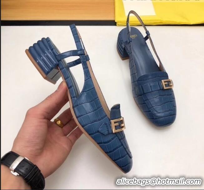 Best Price Fendi Crocodile Pattern Calfskin Promenade Slingbacks Loafers With 4cm Heel F42314 Blue 2020