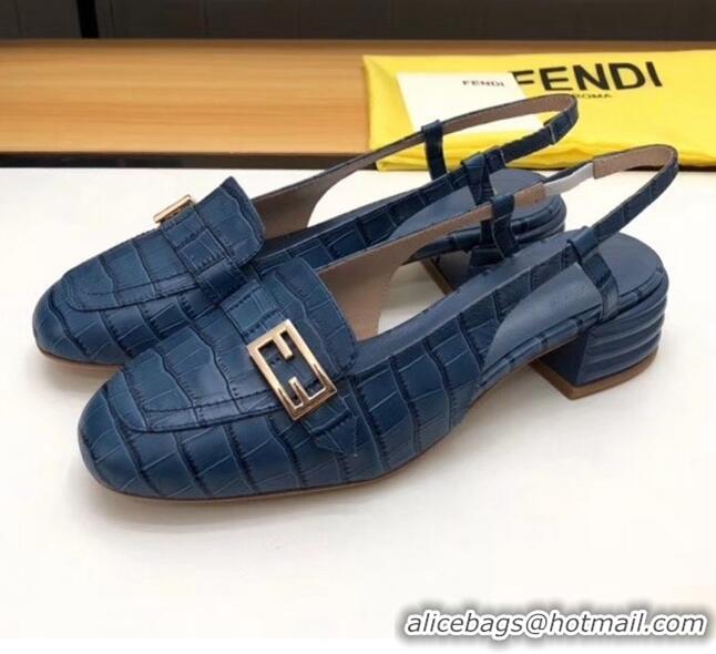 Best Price Fendi Crocodile Pattern Calfskin Promenade Slingbacks Loafers With 4cm Heel F42314 Blue 2020